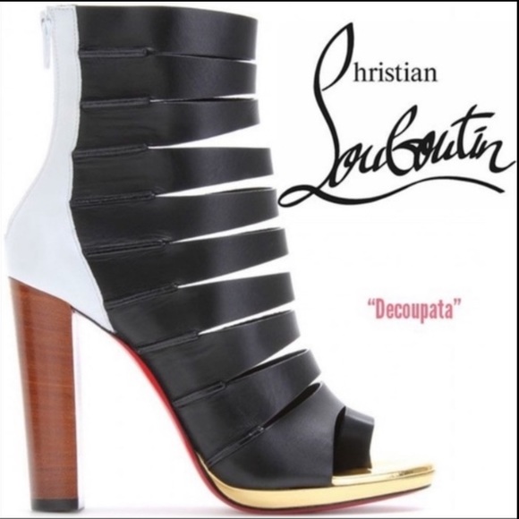 Christian Louboutin Strappy Boot Sandal 38 black White Gold Block Heel - Picture 1 of 14